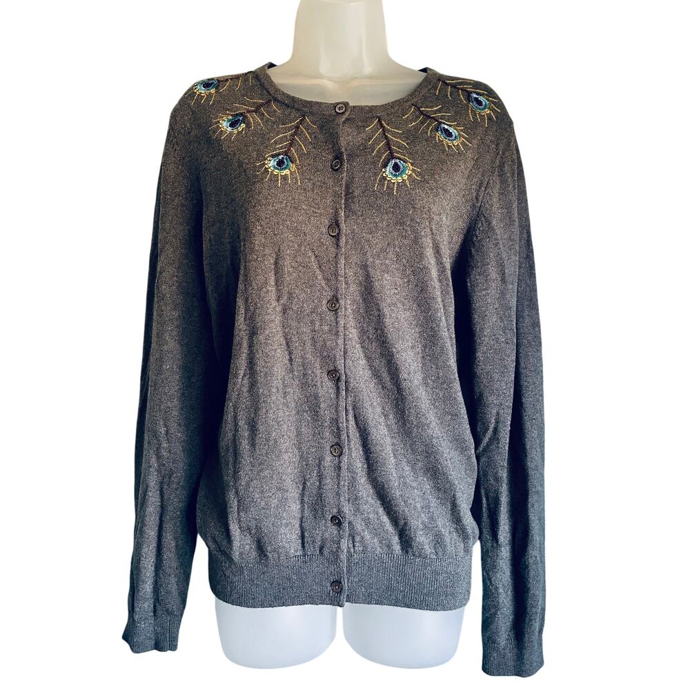 Lands' End Gray Peacock Feather Detail Cardigan Fall Cottage Button Up